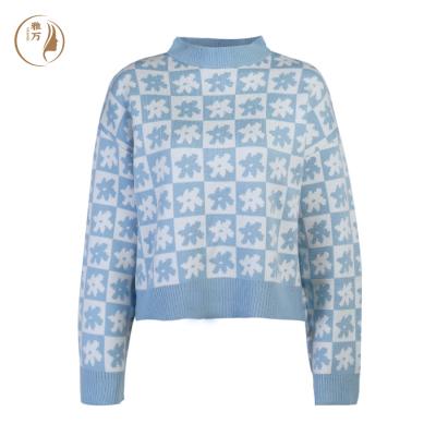 China Newest Most Comfortable Anti-Wrinkle Apparel Yarn Flower Checkerboard Crewneck Sweater for sale