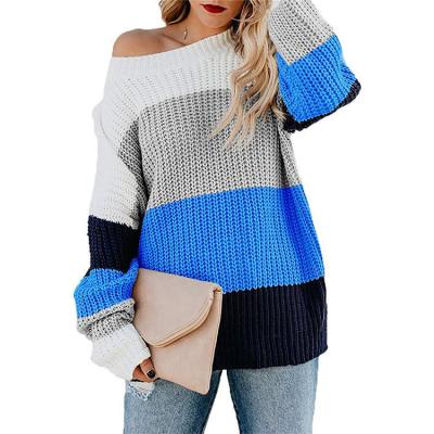 China Anti-Wrinkle Manufacturer Girls Striped Pullover Warm O-Neck Long Sleeve Color Block Knit Casual Sweater For Women for sale