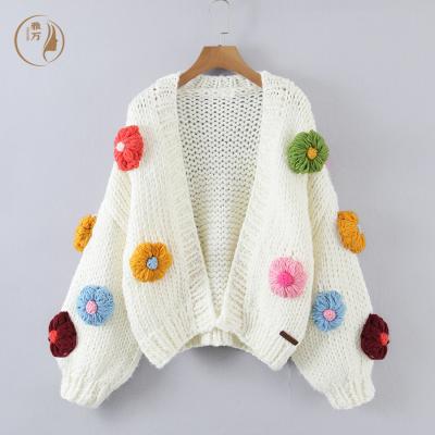 China Factory Wholesale Anti-wrinkle Thick Stick Knitted Handmade Flower Chunky Coat Sweater Women Winter Cardigan Women for sale