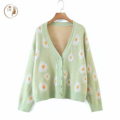 China Women's Autumn Winter V-Neckline Sun Flower Flower Short Cardigan Sweater Lady Casual Anti-wrinkle Coat for sale