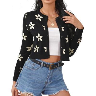 China Anti-Wrinkle Round Neck Flower Long Sleeve Embroidery Knitted Button Coat Women's Short Cardigan Sweater for sale