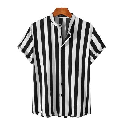 China Fashion Anti Shrink Striped Shirts Men Short Sleeve Stand Collar Shirt 5XL for sale