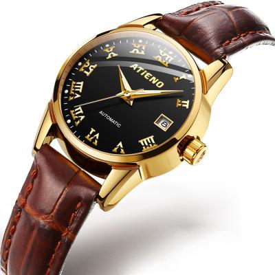 China Rose Gold Case Genuine Leather Automatic Luxury Band Mens Date Fashion Casual Wrist Watch for sale