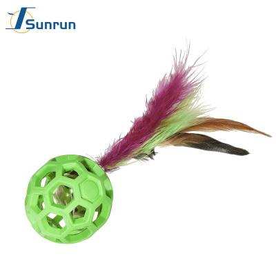 China Sustainable Viable Natural Rubber Cat Toy Interactive Feather Ball with Bell for sale