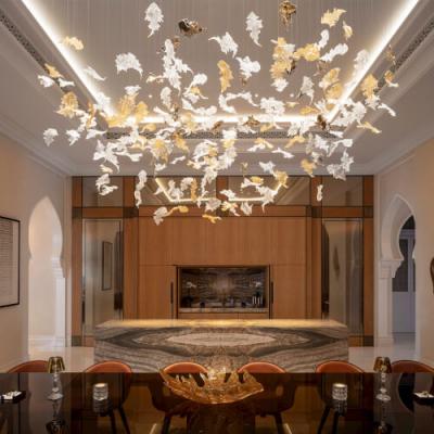 China Contemporary Art Leaf Maple Butterfly Glass Chandelier Modern Hotel Lobby Crystal Lamp Custom Pendant Light for sale