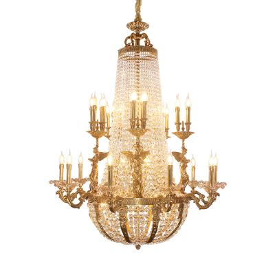 China European Project Foyer Mid Century Hotel Extra Long Brass Crystal Chandelier Luxury for sale