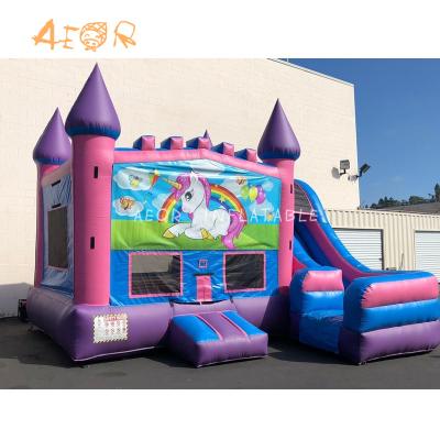 China Unicornio Inflable castillo de salpicadero con tobogán Para fiesta de cumpleaños Moonwalk inflable en venta