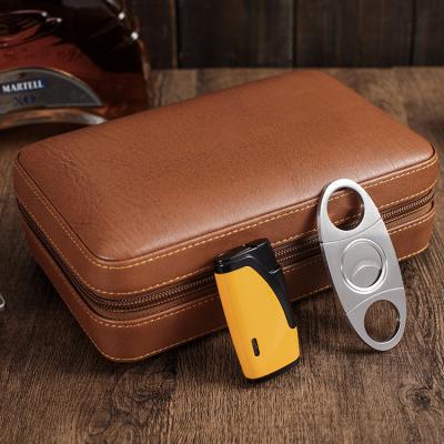 China Travel Cigar humidor box with double flame lighter and cutter set portable travel leather case cedar wood accessories for cigar use for sale