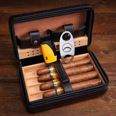 China Travel Newest black color leather humidor travel cigar case for sale custom logo cigar cutter & lighter set portable accessories for sale