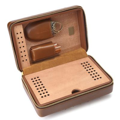 China Luxury Good quality cigar leather case portable bag for travel holds 4 cigars and cutter & lighter humidor wood box for sale