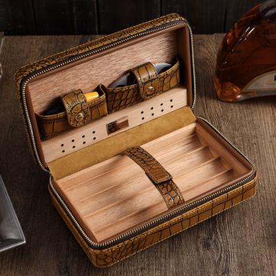 China Handmade Stylish personality leather humidor case for cigar with lighter and cutter gift set travel portable wood boxes for sale