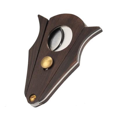 China Stainless Steel + wood Wooden finishing pocket automatic cigar cutter double stainless steel blade scissors custom cigar accessories 22mm diameter for sale