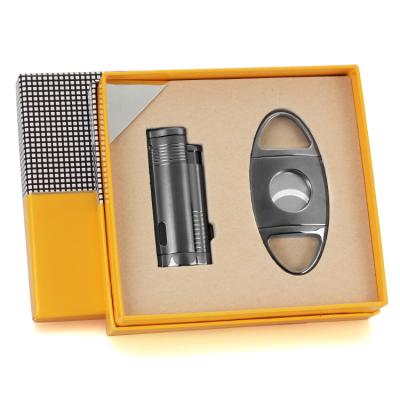 China Luxury Portable cigar accessories gift sets 3 jet flame torch lighter with punch and stainless steel cutter set custom for sale