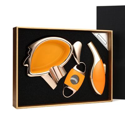 China Luxury Ready to ship cigar lighter cutter ashtray gift set 3 pieces cigar accessories luxury sets for sale with gift box for sale