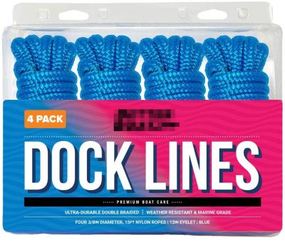 China High Tensile Durable 4 Pack 1/2 Inch 15 Feet Marine Double Braided Nylon Rope Dock Line Blister Mooring Lines For Boat for sale