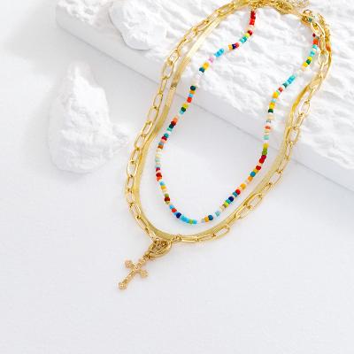 China TRENDY Jewelry Women's Fashion Necklace Rice Beads Cross Personality Popular 3 Piece Necklaces for sale