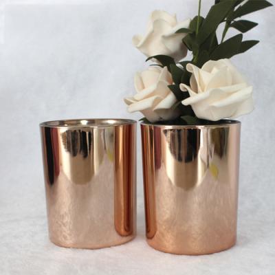 China FENGJUN Home Decoration 8oz 9oz 12oz Rose Gold Plated Durable Luxury Glass Cylinder Candle Jars Votive Holder for sale