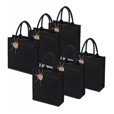 China Recyclable DIY Craft Foldable Portable Gift Bag Jute Handled Jute Black Canvas Tote Bag for sale