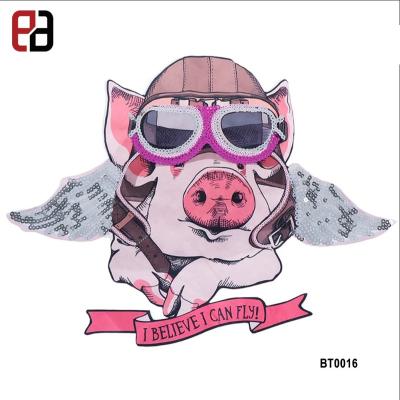 China adorable 3D flying pink piggy embroidery apparel patch design with embroidered sequins for sale