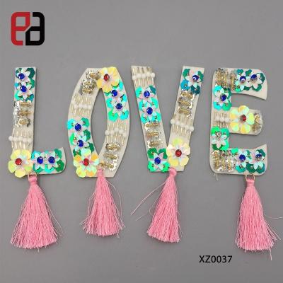 China 3D Factory Direct Sequins Beads Embroidered Patch Alphabet Letters with Tassels Patch LOVE for sale