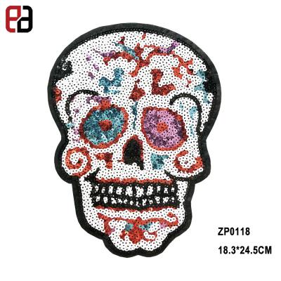 China Large Size Eco - Friendly Colorful Skull Sequin Patch Applique Embroidered Badges Stickers Sew On Patch For Fabric for sale