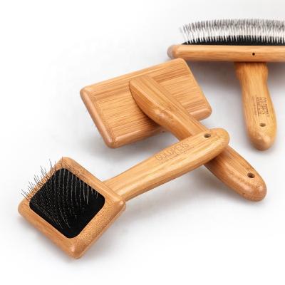 China Long Bristle Pro Quality Self Cleaning Slicker Sustainable Bamboo Wooden Dog Slicker Brush for Goldendoodles Dog and Cat Grooming for sale