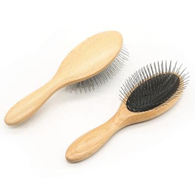 China Logo Cepillo Para Mascotas Customized Viable Pet Grooming Pin Brush Wooden Handle Long Pin Slicker Pet Brush for sale