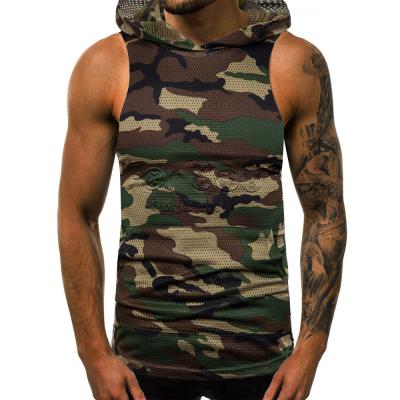 China Mens QUICK DRY Summer Mesh Breathable Tank Tops With Hood Fashion Camouflage Sports Invest Sleeveless Hooded 100% Polyester Tops Shirts for sale