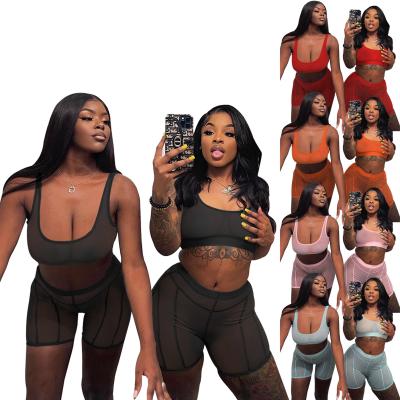 Κίνα Main 2022 QUICK DRY Mesh Shorts Women Crop Tank 2 Piece Pants Set Summer Swimwear See Through Two Piece Set Biker Shorts Women προς πώληση