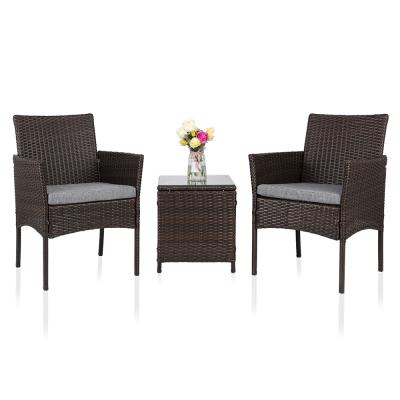 China 3 PCS Modern PE Rattan Wicker Chairs Set Cushion Garden Furniture (Brown) With Table Outdoor Lounge, Modern Outdoor Steel Wicker for sale