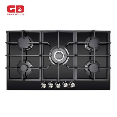 China Hotel Hot Sales 87cm 5 Burner Panel Gas Hob Built-in Gas Stove Glass Kitchen Appliance with Cast Iron Panel Backer for sale