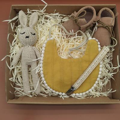 China Knitted Doll And Lace Bibs Set Customized Newborn Baby Products Cotton Bibs Gift Set Knitted Rabbit Toy And Baby Shoes Set for sale