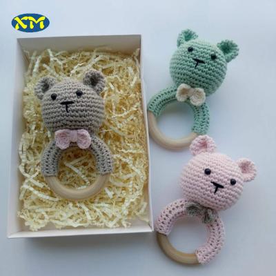 China Soft Toy Baby Gift Cotton Knit Handmade Crochet Teether Bear Animal Rattle Toy Grasping Teething Toys for sale