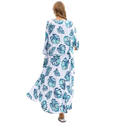 China Breathable Beach Cover Ups Leaf Print Bikini Tunics For Beach Long Kaftan Plus Size Bikini Cover Up Robe De Plage Swimsuit Sarongs for sale