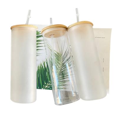 China Large Capacity Viable Lean Borosilicate Blanks Clear Frosted Sublimation Smoothie Glass Cup With Bamboo Lid And Plastic Straw for sale