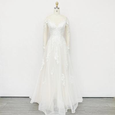 China Anti-Static Latest Style Fairy Long Sleeve Embroidered Lace Tulle Wedding Dres for sale