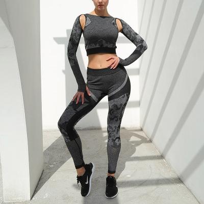 China 2021 Sports Breathable Fitness Camouflage Long Sleeve High Waist Stretch Leggings Set Yoga Suit for sale