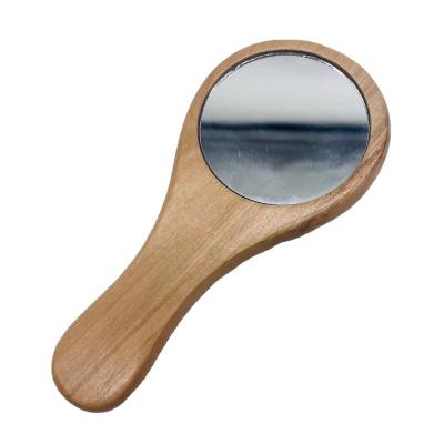 China Personalized Custom Logo Wooden Pocket Handle Makeup Tools Portable Travel Cosmetic Mirror for sale