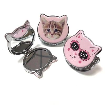 China Customized Pocket Mirror Design Cat Shape PU Leather Makeup Compact Pocket Mirror Handsome Mirror for sale