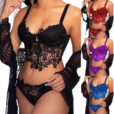 China Sustainable Sexy Two Piece Luxury Underwear Set Solid Color Plus Size Lingerie Fat Women Lace Bra And Panties Suit for sale