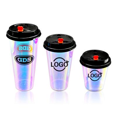 China HARD AND THICK 16oz 24oz rainbow colored laser wrap IML bubble tea cups with in-mold lid marking pp cup injection for sale