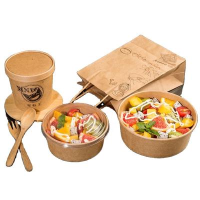 China HARD AND THICK Disposable Take Away Maker Kraft Paper Salad Bowl With Clear Lid Kraft Paper Bowl for sale