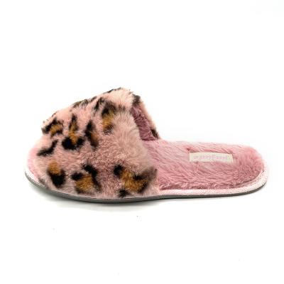 China Fashion Trend Bedroom Home Slippers For Women's Fuzzy Leopard Print Open Toe Fur Pink Plush Slippers for sale