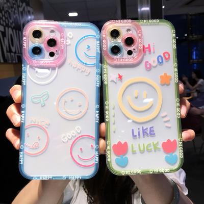 China Waterproof Cute Smile Flower Cartoon Clear Phone Case For iPhone 14 Pro 13 12 11 X XS XR 7 8 Plus Max Couple Transparent Shockproof Cover for sale