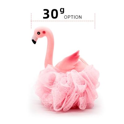 China Exfoliate Manufacturer Creative Oem Soft Plastic Toys Loofah Pink Flamingo Bath Sponge Mesh Pouf Kids Bathing Sponge for Children for sale