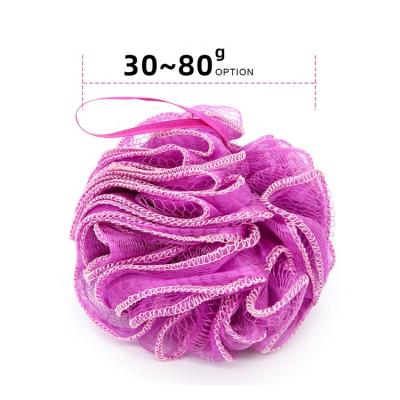 China All Natural 30~80G Customized Sponge Hemming Process Bath Loofah Pouf Mesh Sponge Shower Bath Scrubber for Bath for sale