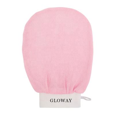 China Exfoliating OEM Embroidered Pink Logo Exfoliating Scrubber Bath Glove Rayon Skin Peeling Bathing Glove Squishy Shower Gloves for sale