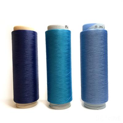 China Anti-bacteria DTY 50D/24F blue color with recycled GRS bright color fastness dope dyed fresh dry polyester yarn for crochet knitting fabric for sale