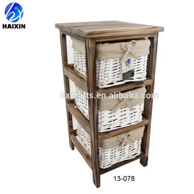 China Rustic Paulownia Wood 3 Tier Drawer Storage Cabinet With Wicker Baskets Bedroom Bedside Unit Furniture for sale