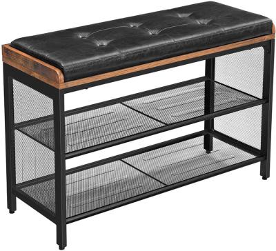 China Solid Wood Padded Storage Bench with Mesh Shelf, Shoe Rack, Metal Frame for sale